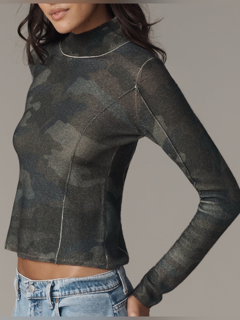 New With Tags: Pilcro Anthropologie 100% Cashmere Mock-Neck Sweater Camo Small